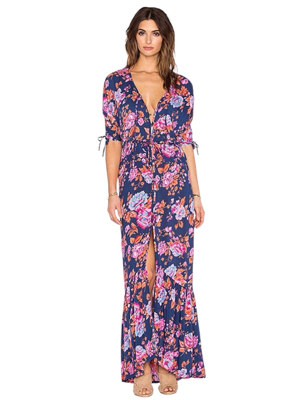 AUGUSTE Roamer Maxi Dress in Sweet Magnolia Floral Navy Print Button Front Ties